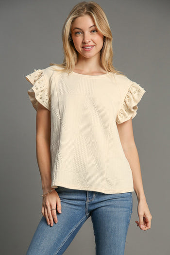 Umgee Boxy Cut Top with Pearl Details in Cream FINAL SALE