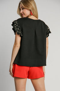 Umgee Boxy Cut Top with Pearl Details in Black