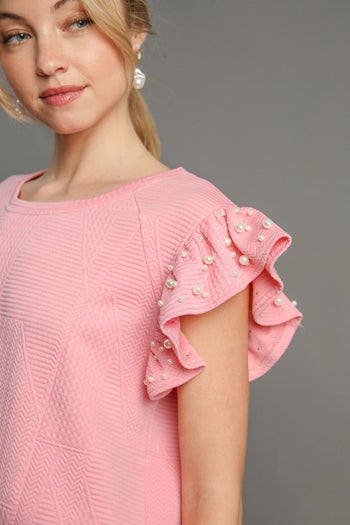 Umgee Boxy Cut Top with Pearl Details in Pink FINAL SALE