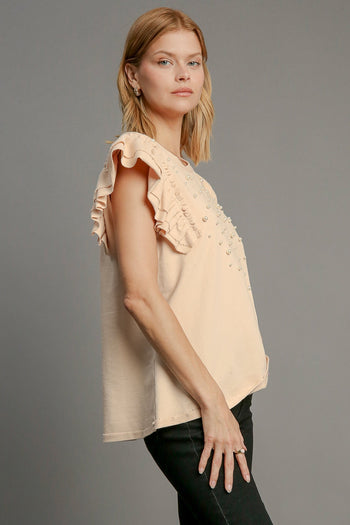Umgee French Terry Knit Top with Pearl Details in Natural FINAL SALE