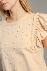 Umgee French Terry Knit Top with Pearl Details in Natural