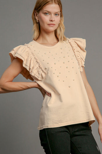 Umgee French Terry Knit Top with Pearl Details in Natural FINAL SALE
