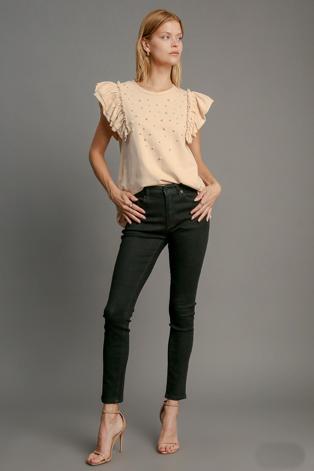 Umgee French Terry Knit Top with Pearl Details in Natural