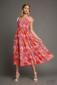 Umgee Floral Print Bow Tie Maxi Dress in Pink Mix