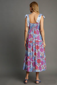 Umgee Floral Print Bow Tie Maxi Dress in Light Blue Mix