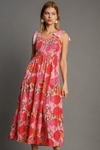 Umgee Floral Print Bow Tie Maxi Dress in Pink Mix