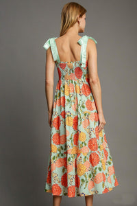 Umgee Floral Print Bow Tie Maxi Dress in Mint Mix