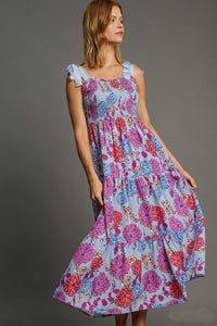 Umgee Floral Print Bow Tie Maxi Dress in Light Blue Mix