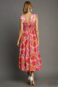 Umgee Floral Print Bow Tie Maxi Dress in Pink Mix