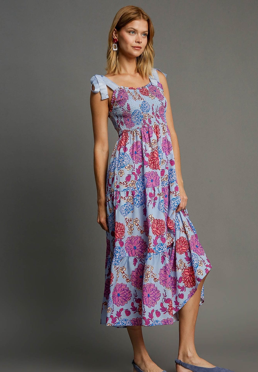 Umgee Floral Print Bow Tie Maxi Dress in Light Blue Mix