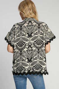 Umgee Two Toned Print Button Down Top in Black