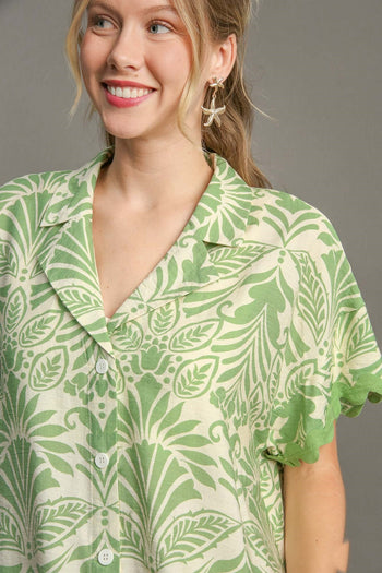 Umgee Two Toned Print Button Down Top in Sage FINAL SALE