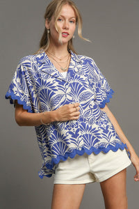 Umgee Two Toned Print Button Down Top in Blue