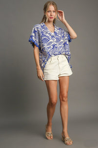 Umgee Two Toned Print Button Down Top in Blue