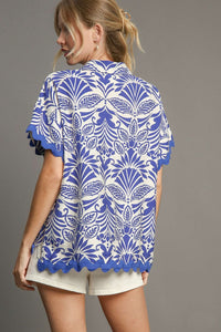 Umgee Two Toned Print Button Down Top in Blue