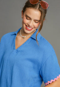 Umgee Cotton Gauze Top with Contrasting Color Ric Rac Trim in Sapphire