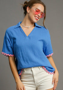 Umgee Cotton Gauze Top with Contrasting Color Ric Rac Trim in Sapphire