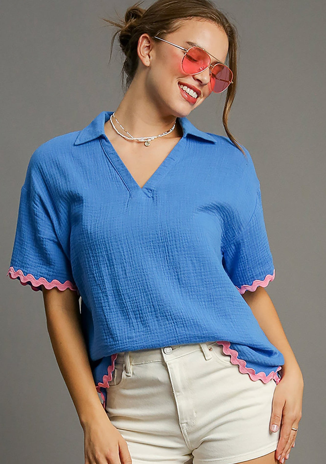 Umgee Cotton Gauze Top with Contrasting Color Ric Rac Trim in Sapphire