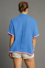 Load image into Gallery viewer, Umgee Cotton Gauze Top with Contrasting Color Ric Rac Trim in Sapphire
