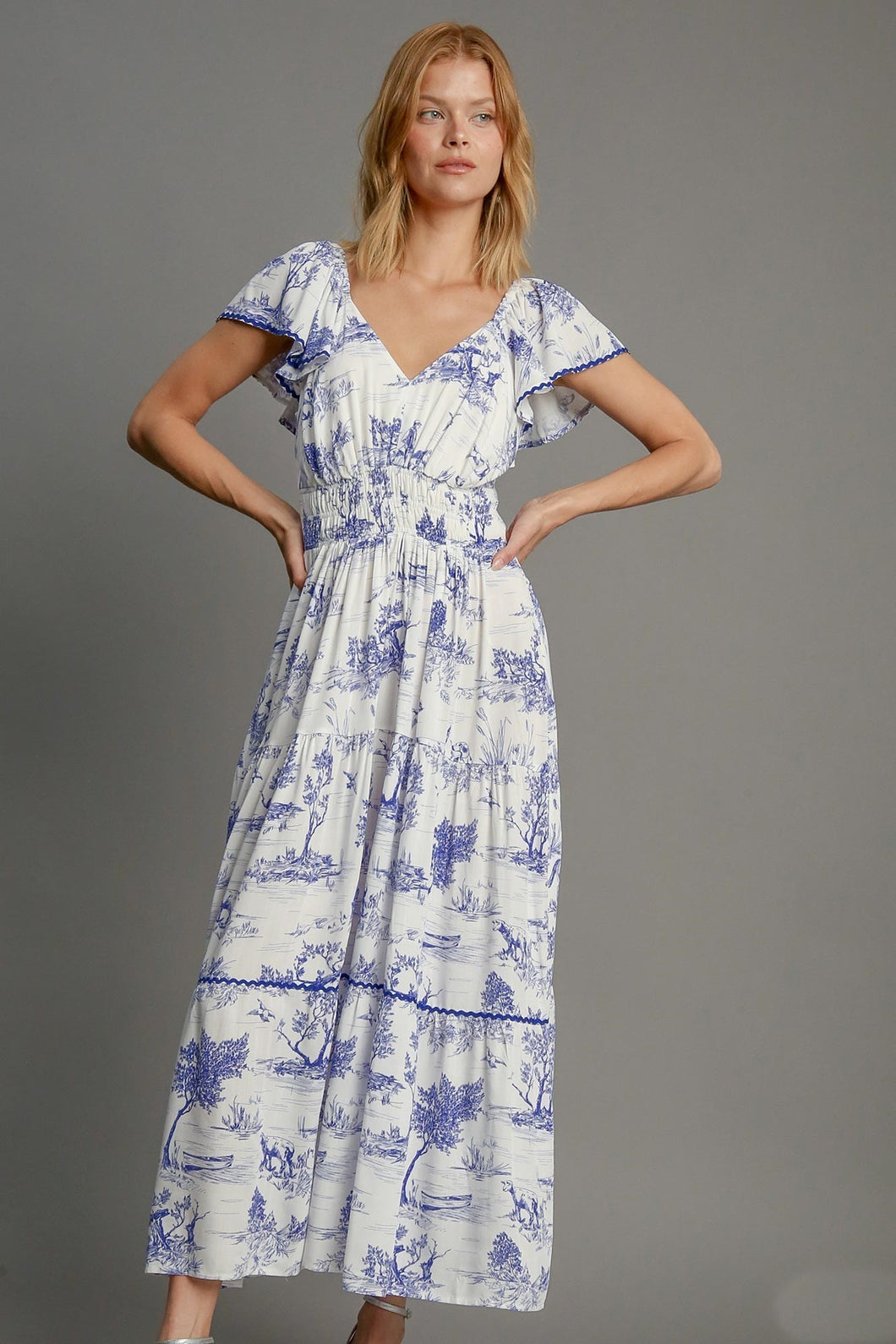 Umgee Two Toned Landscape Print Maxi Dress in Blue