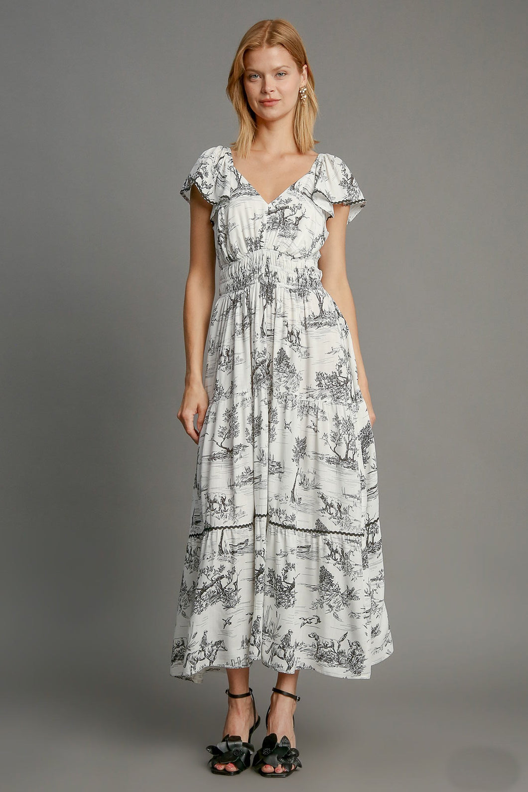 Umgee Two Toned Landscape Print Maxi Dress in Black