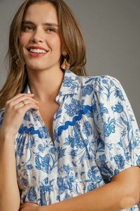 Umgee Floral Print Baby Doll Top in Blue