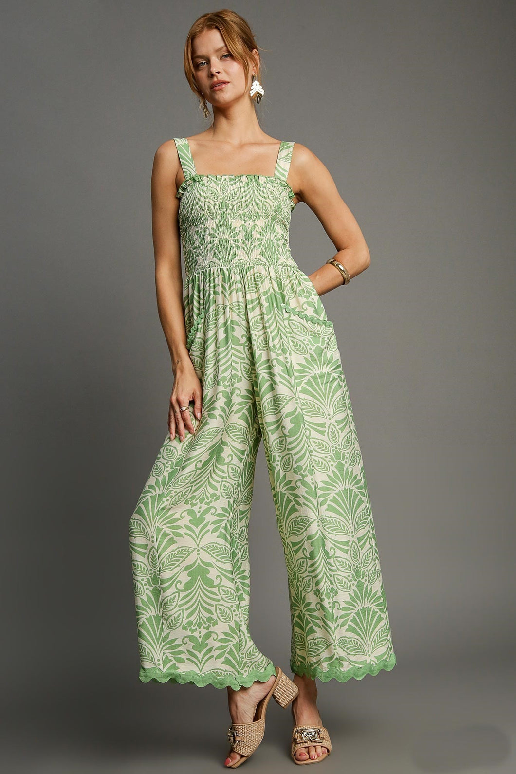 Umgee Abstract Print Jumpsuit in Sage Mix