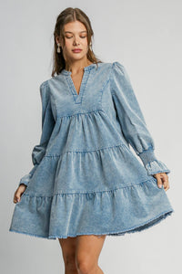 Umgee Stone Washed Corduroy Dress in Denim Blue