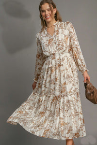 Umgee Lurex Fabric Floral Print Midi Dress in Brown ON ORDER