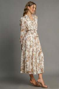 Umgee Lurex Fabric Floral Print Midi Dress in Brown ON ORDER