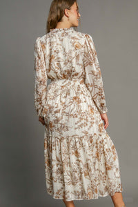 Umgee Lurex Fabric Floral Print Midi Dress in Brown ON ORDER