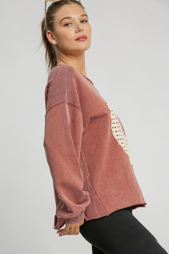 Umgee French Terry Top with Lace Peace Sign Patch in Red Brown