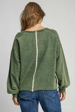 Load image into Gallery viewer, Umgee French Terry Top with Lace Peace Sign Patch in Hunter Green
