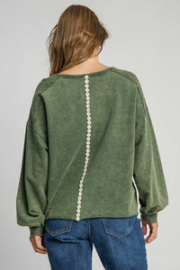 Umgee French Terry Top with Lace Peace Sign Patch in Hunter Green