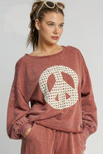 Load image into Gallery viewer, Umgee French Terry Top with Lace Peace Sign Patch in Red Brown
