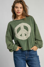 Load image into Gallery viewer, Umgee French Terry Top with Lace Peace Sign Patch in Hunter Green
