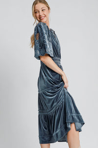 Umgee Solid Color Velvet Tiered Maxi Dress with Floral Lace Sleeves in Slate Blue