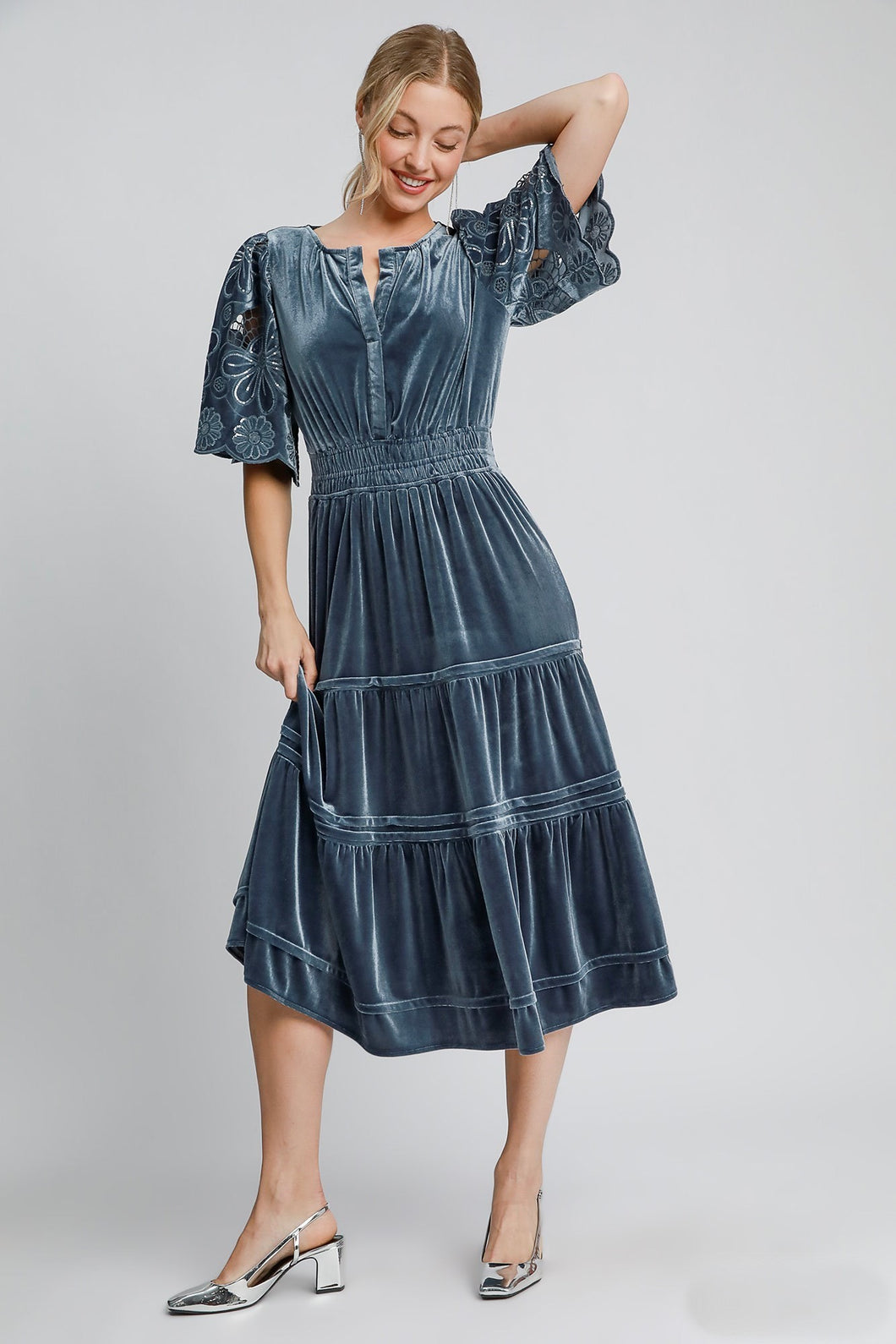 Umgee Solid Color Velvet Tiered Maxi Dress with Floral Lace Sleeves in Slate Blue