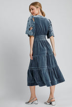 Load image into Gallery viewer, Umgee Solid Color Velvet Tiered Maxi Dress with Floral Lace Sleeves in Slate Blue
