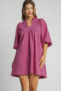 Umgee A-Line High Neck Floral Dress in Magenta