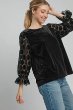 Load image into Gallery viewer, Umgee Solid Color Velvet Top with Lace Polka Dot Sleeves in Black
