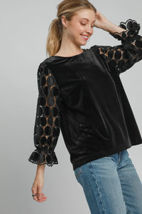 Umgee Solid Color Velvet Top with Lace Polka Dot Sleeves in Black