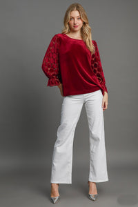 Umgee Solid Color Velvet Top with Lace Polka Dot Sleeves in Wine