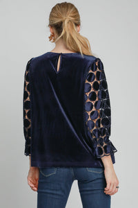 Umgee Solid Color Velvet Top with Lace Polka Dot Sleeves in Navy