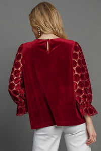 Umgee Solid Color Velvet Top with Lace Polka Dot Sleeves in Wine