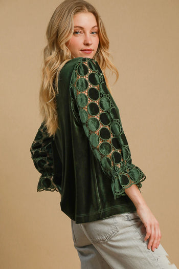 Umgee Solid Color Velvet Top with Lace Polka Dot Sleeves in Olive