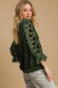 Umgee Solid Color Velvet Top with Lace Polka Dot Sleeves in Olive