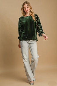 Umgee Solid Color Velvet Top with Lace Polka Dot Sleeves in Olive