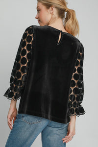 Umgee Solid Color Velvet Top with Lace Polka Dot Sleeves in Black