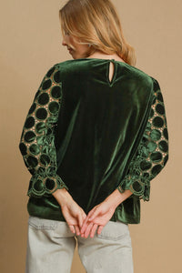 Umgee Solid Color Velvet Top with Lace Polka Dot Sleeves in Olive